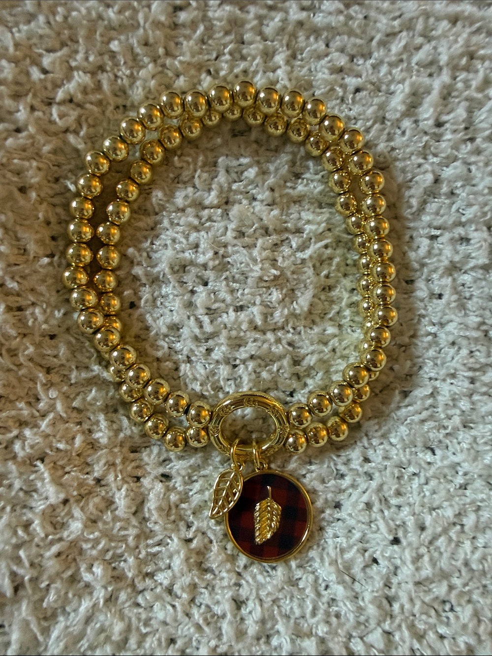 Alex and Ani Gold Beaded Stretch Bracelet with Plaid and Leaf Charm